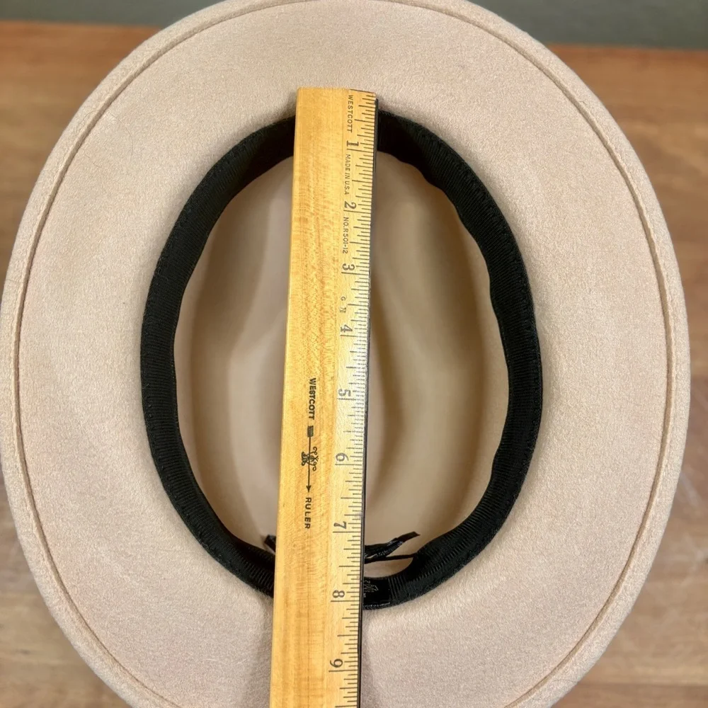 Fedora Classic Unisex Beige Adjustable Wool Hat, with Buckle Brown Trim